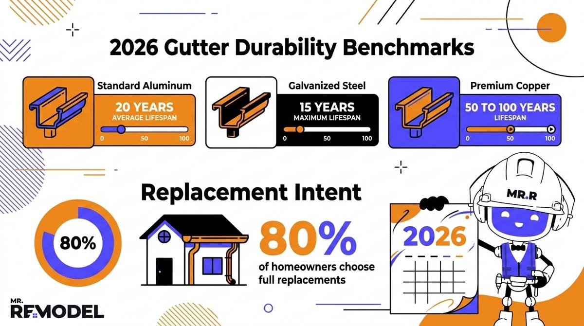 A 2026 gutter lifespan infographic showing the 20-year benchmark for aluminum and the 100-year legacy for copper.